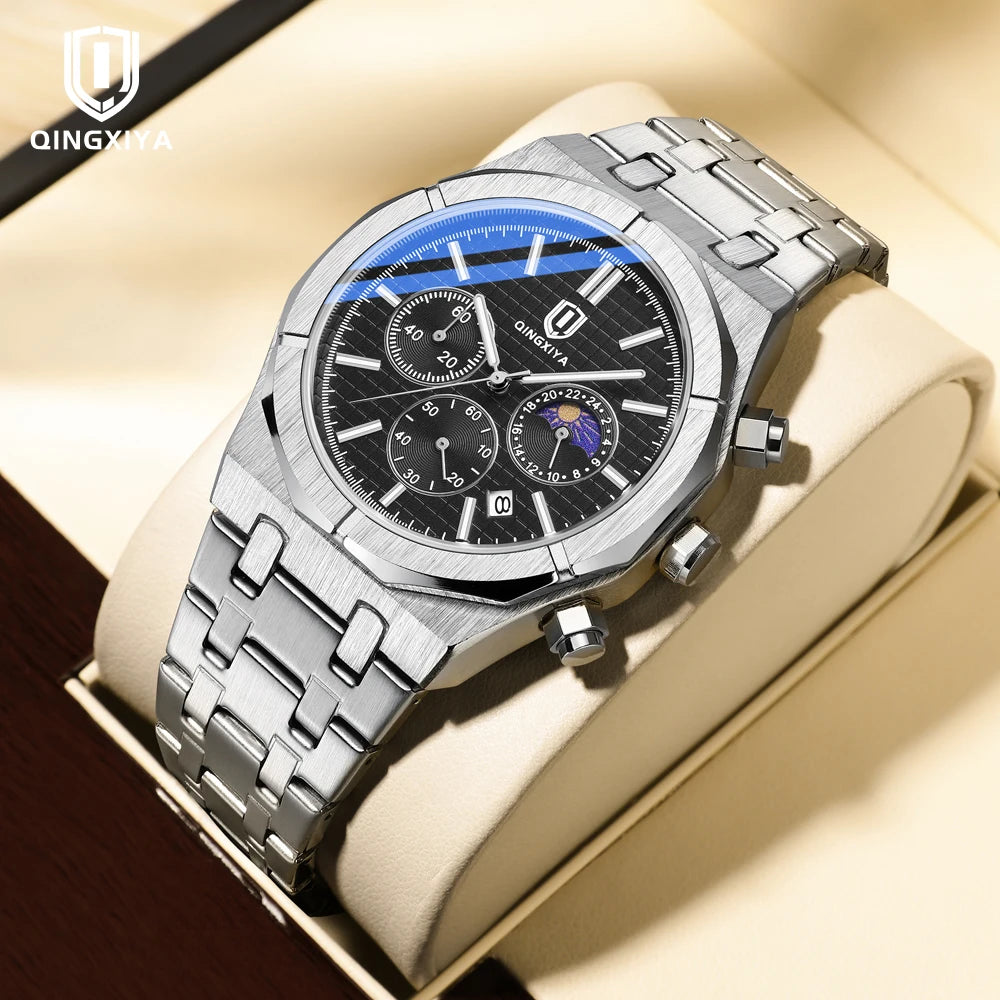 QINGXIYA Luxury Chronograph Quartz Watch Men Sport Military Watch For Men Waterproof Luminous Date Stainless Steel Men's Watches - Sun Studio