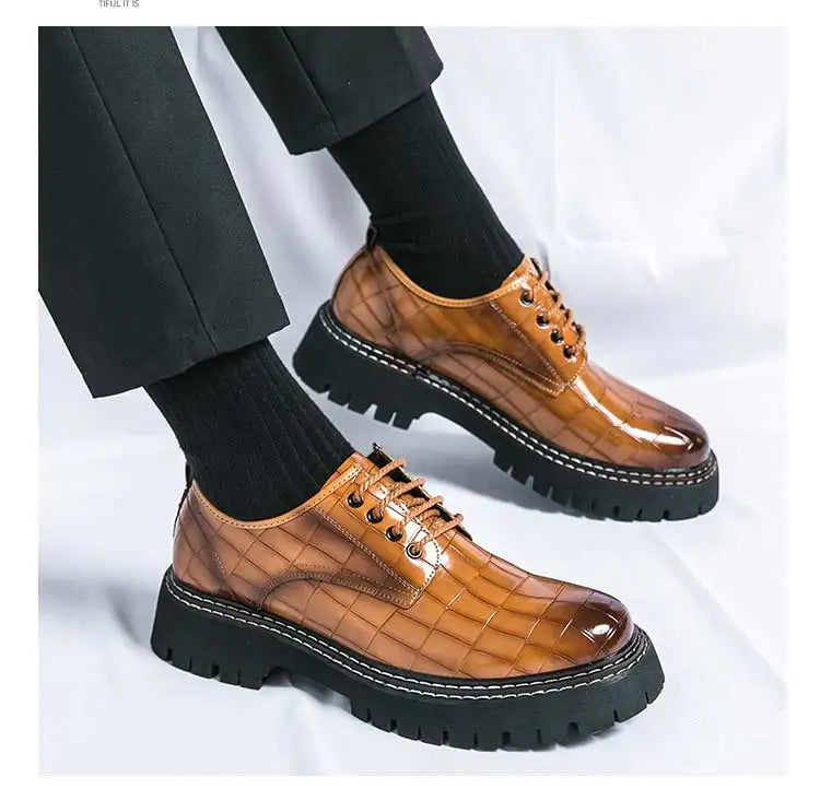 New Black Men Shoes Lace-up  Round Toe Stone Pattern Brown Gray Men Dress Shoes Size 38-46 - Sun Studio