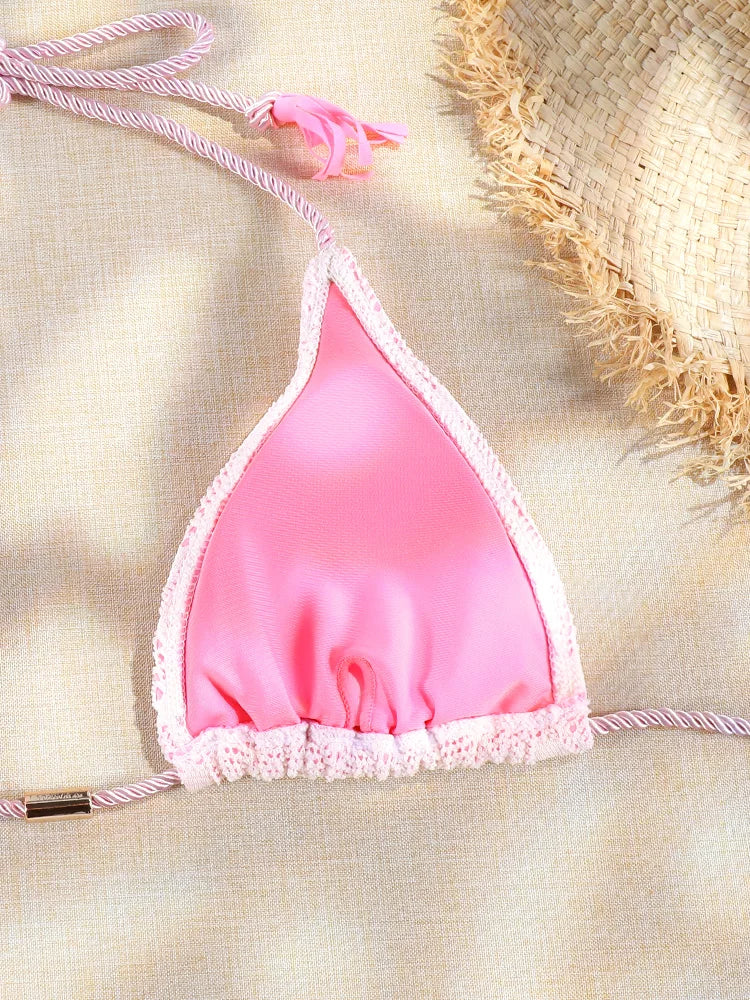 ZRTAK Pink Bikinis Triangle Biquinis Feminino Swimsuit String Bikini Sets Push Up Bikinis Women Bathing Suit Solid Swimwear - Sun Studio