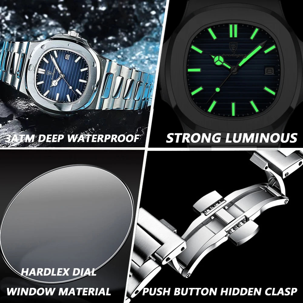 POEDAGAR Square Luxury Men Wristwatch Waterproof Luminous Date Stainless Steel Male Clock Business Sports Quartz Watches For Men - Sun Studio