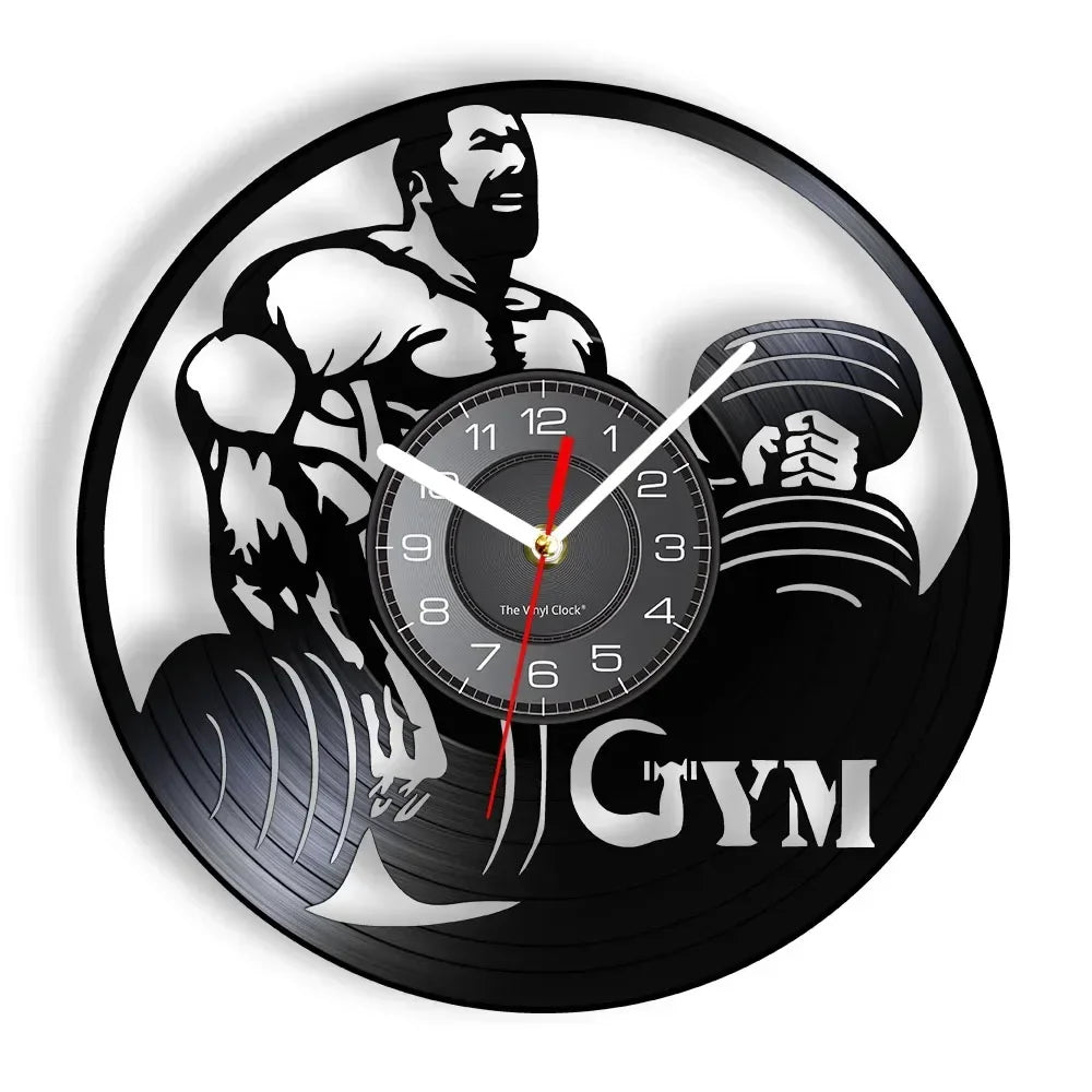 Fitness Equipment Thema Vinyl Schallplatte Fitness Wanduhr Heimdekoration LED Hintergrundbeleuchtung Moderne Fitness Uhr