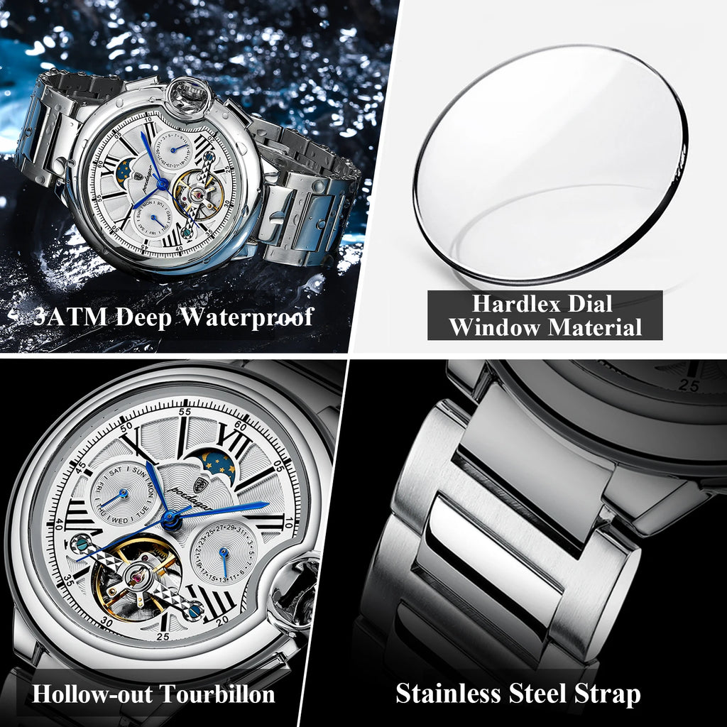 POEDAGAR Luxury Male Watch Business Date Week Stainless Steel Tourbillon Men Clock Waterproof Automatic Mechanical Men's Watches - Sun Studio