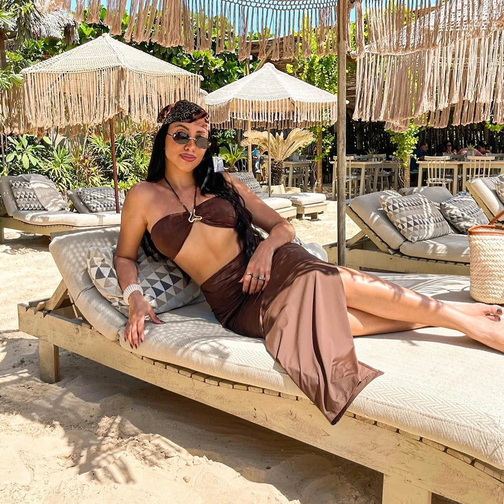 3 Pieces Bikini Set Bandeau Bikini 2024 Sexy Women Swimsuit Maxi Dress Female Swimwear Print Bathing Suit Beachwear Cover Ups - Sun Studio