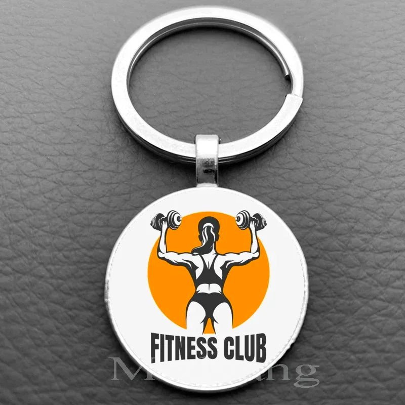 Weightlifting Fitness Pattern Keychain Loves Fitness Men and Women Exclusive Glass Round Keychain Gift for Fitness Club - Sun Studio