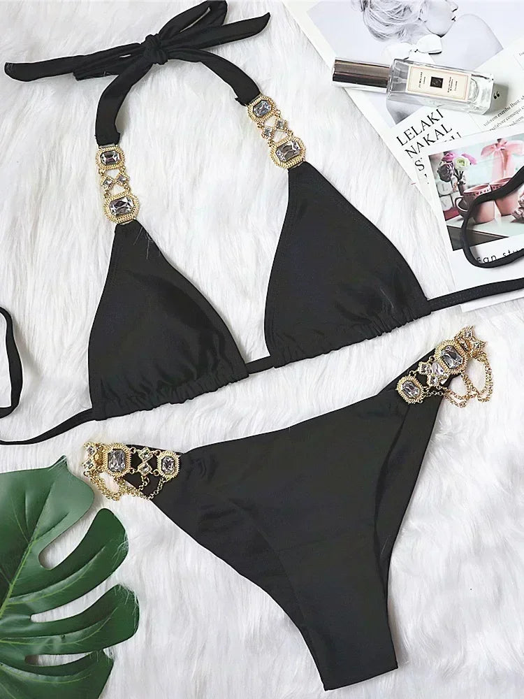 Halter Rhinestone Diamant Bikini Frauen Badeanzug Weibliche Bikinis Metallkette Badebekleidung Zweiteiliges Bikini Set Badeanzug Schwimmen Damen