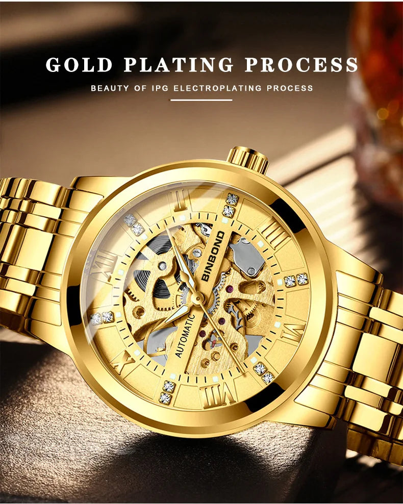 Bindond Mens Automatic Mechanical Watches Top Brand Luxury Stainless Steel Waterproof Hollow Male Wristwatches Relogio Masculino - Sun Studio