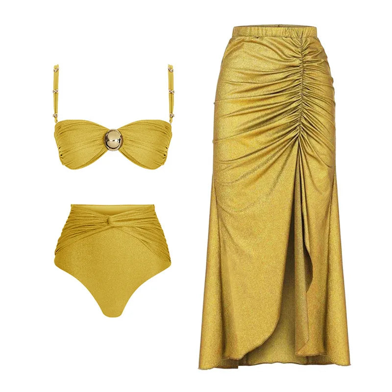 2024 Sexy Damen Badeanzug mit Rock Einteiler Badebekleidung Vintage Rüsche V-Ausschnitt Cover Up Bikinis Set Strandmode Badeanzug