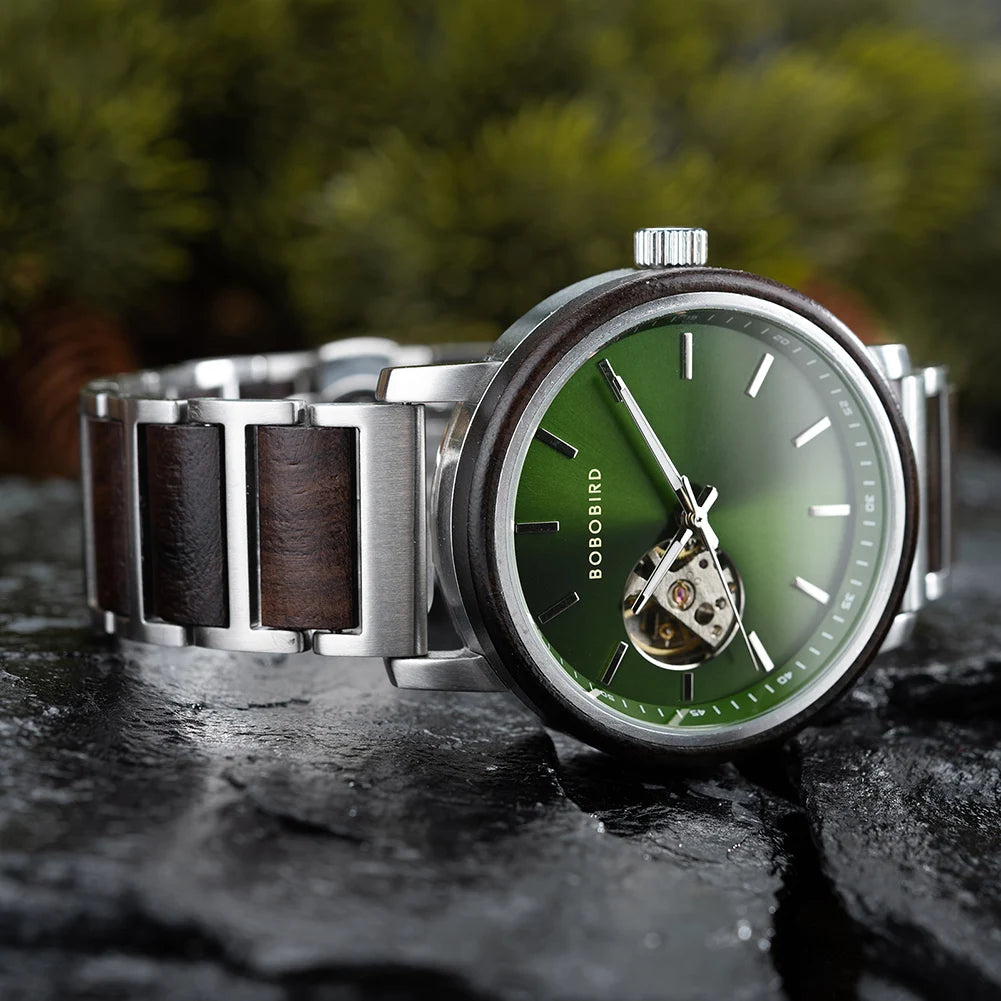 BOBO BIRD New Mechanical Watches for Men Luxury Wood and Stainless Steel Skeleton Customized Automatic Watch relojes mecánicos - Sun Studio