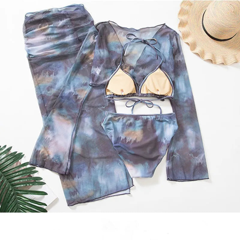 sexy Korean fashion tie dye print swimsuit 4pcs autumn long flare sleeve cover top with long split skirt bikinis padded swimwear - Sun Studio