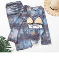 sexy Korean fashion tie dye print swimsuit 4pcs autumn long flare sleeve cover top with long split skirt bikinis padded swimwear - Sun Studio