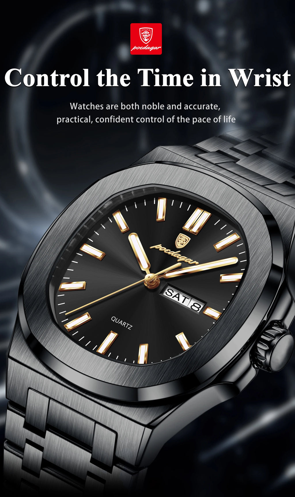 POEDAGAR Luxury Square Men's Watches Waterproof Luminous Date Week Men Watch Stainless Steel Fashion Quartz Man Wristwatch Reloj - Sun Studio