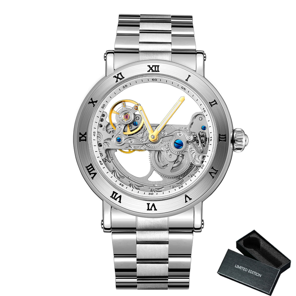 Forsining Silver Skeleton Automatic Watch Men Luminous Hands Business Retro Golden Bridge Mechanical Watches Steel Leather Strap - Sun Studio