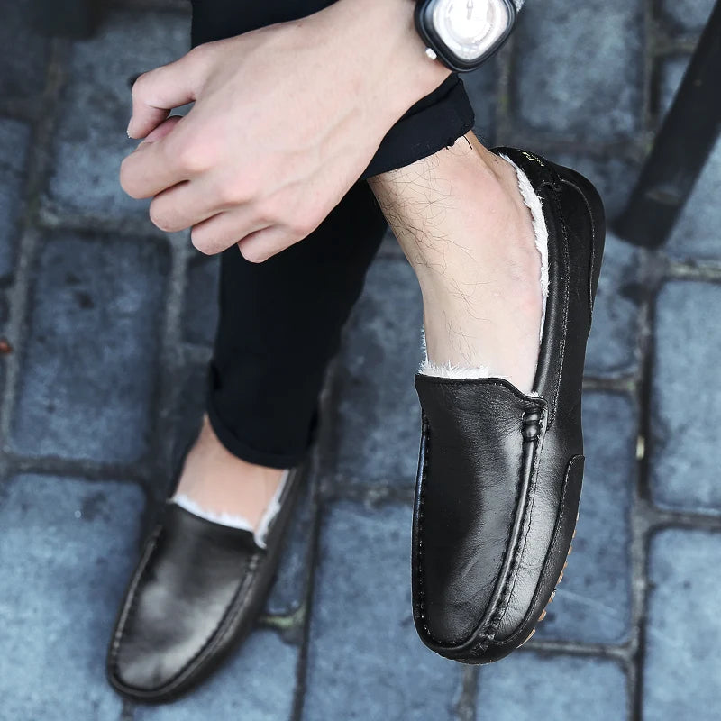 Winter Fur Loafers Men Casual Shoes Cotton Leather Dress Shoes Slip-on Flats Plush Man Moccasins Fleece Lined Driving Shoes - Sun Studio