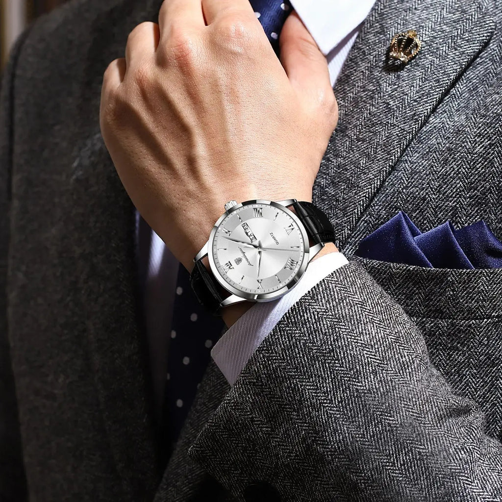 POEDAGAR Classic Luxury Men's Wristwatch Date Week Leather Business Man Watch Waterproof Luminous Fashion Quartz Watches For Men - Sun Studio
