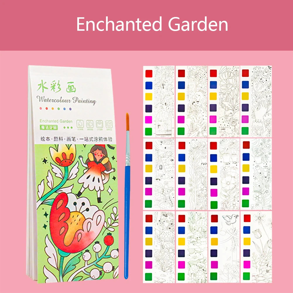 12 Sheets/set Watercolor Painting Book With Paint Brush Gouache Book Portable Kids Graffiti Picture Drawing Stationery - Sun Studio