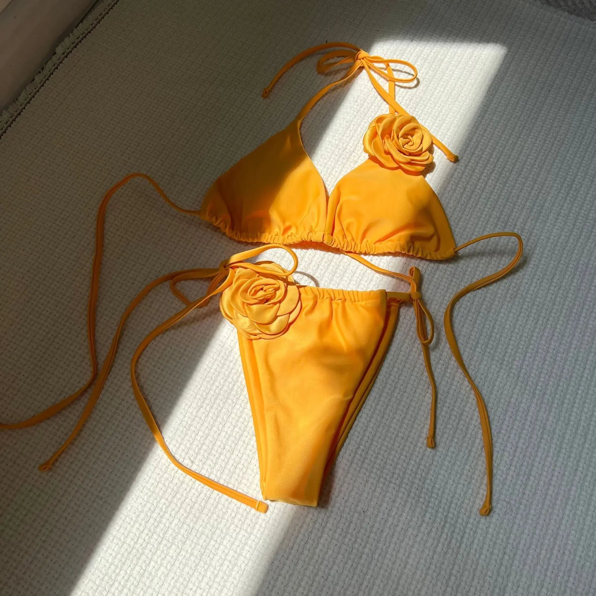 Sexy 3D Flower Black Triangle Bikinis Sets Micro Thong Swimsuit Women String Halter Bathing Suit Bikini 2025 Mujer Biquinis Swim - Sun Studio