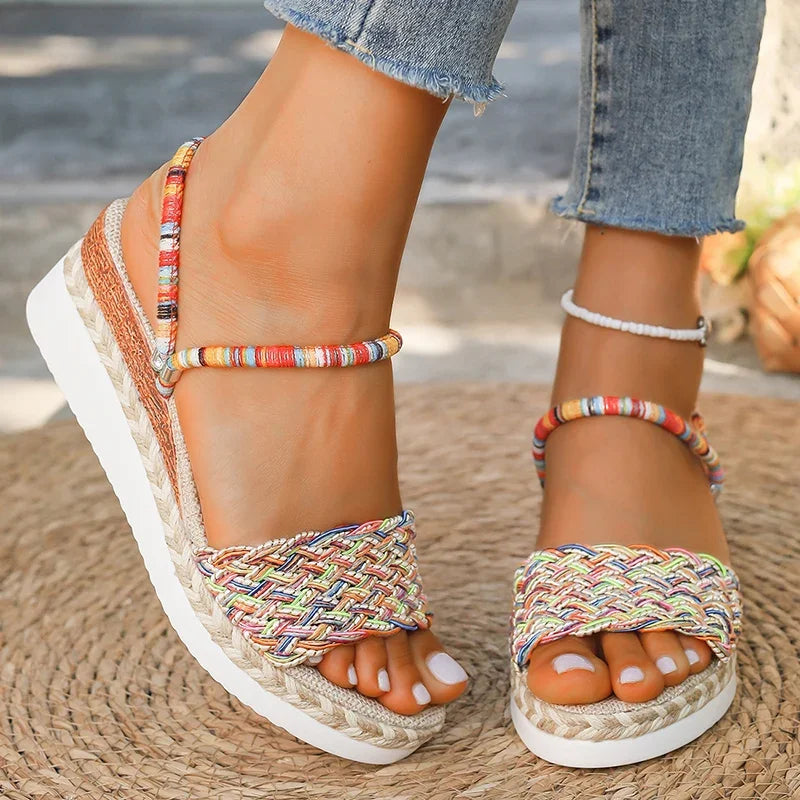Summer Beach Vocation Bohemian Sandals Woman Wedge Heels Colorful Woven Platform Slippers Women Plus Size 43 Sandalias De Mujer - Sun Studio
