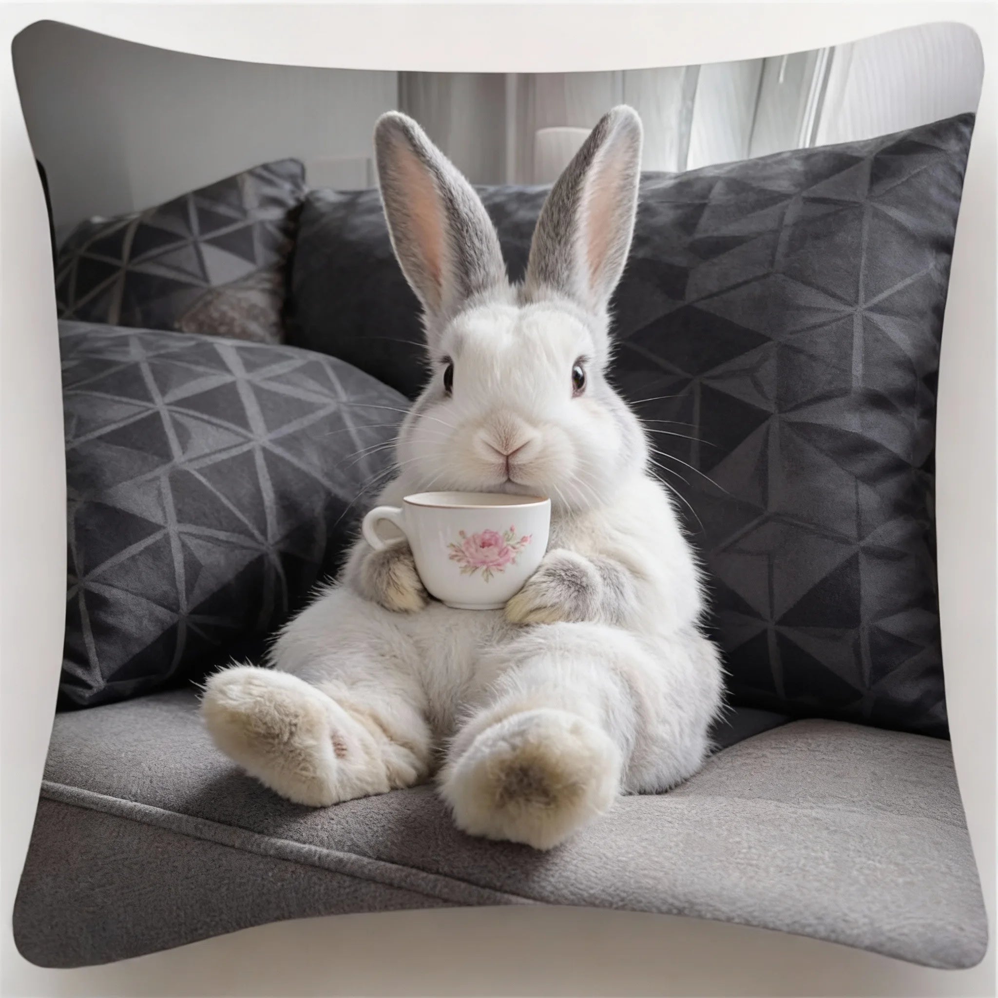 Adorable Bunny with Coffee Cup Print Pillowcase - Home Decor, Perfect for Living Room and Bedroom, Ideal Gift for Animal Lovers - Sun Studio