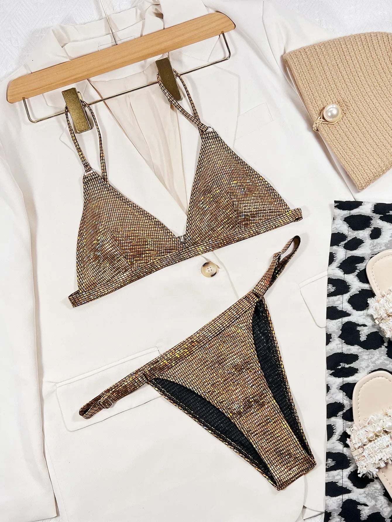 Gold glitter swimsuit women 2026 shiny two piece bikini sexy V-neck suspender swimwear high waist ackless bathing suit XMC185W - Sun Studio