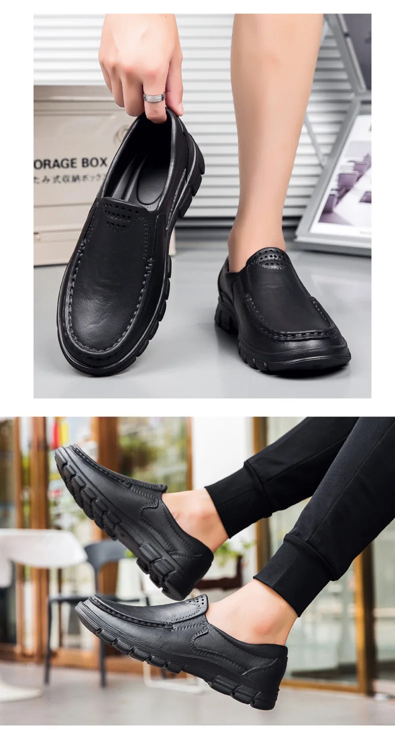 Fashion Leather Men's Casual Shoes Non-slip EVA Chef shoes Men Waterproof Loafers Comfort Soft soled Men Driving shoes Plus Size - Sun Studio