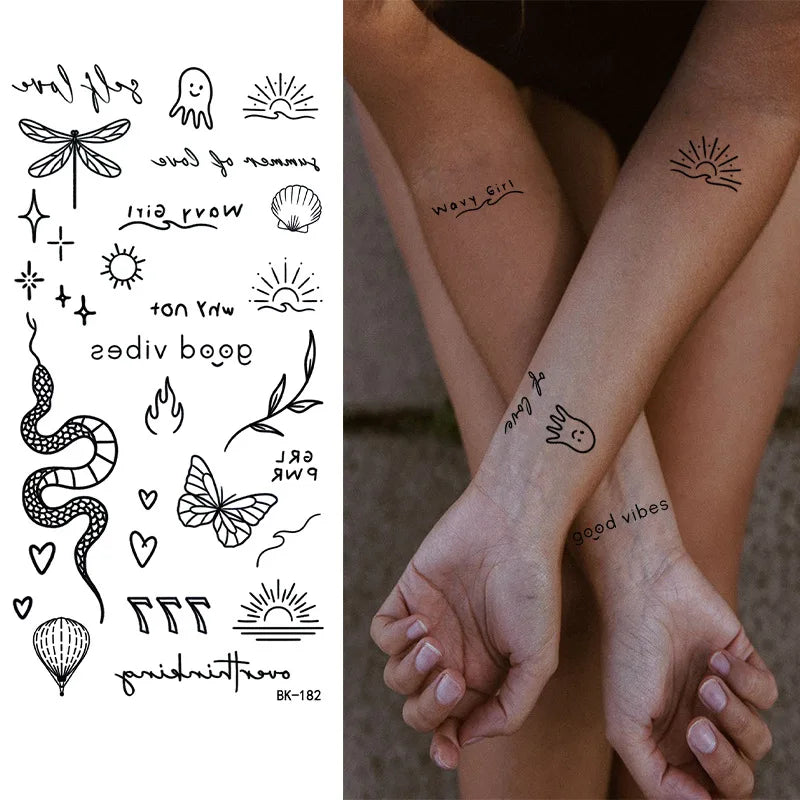 Schwarz Weiß Temporäre Transfer Tattoos Florale Schmetterlinge Schriftzüge Linienkunst Wasserfeste Körperaufkleber für Musikfestival Party