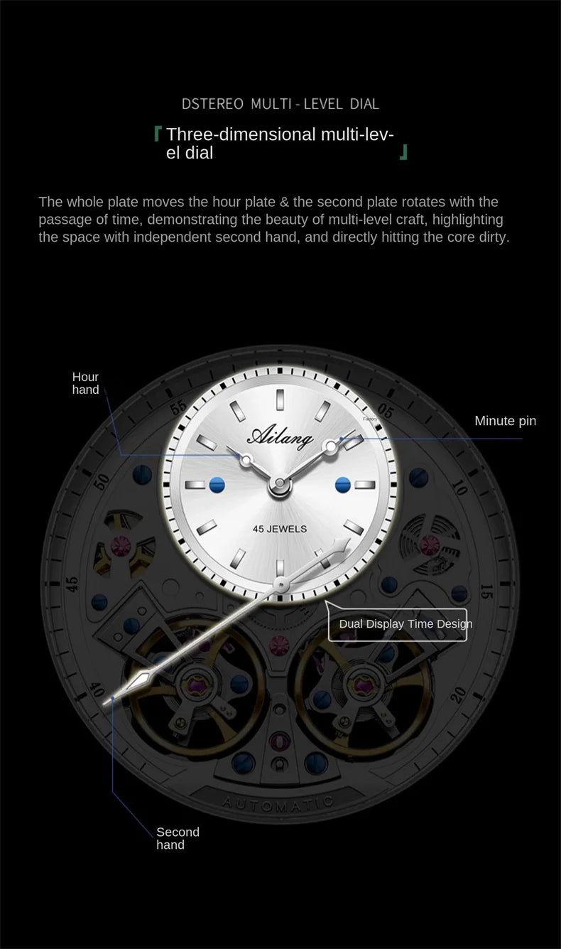 AILANG Brand New Luxury Double Tourbillon Watch for Men Stainless Steel Strap Waterproof Fashion Mechanical Watches Mens - Sun Studio