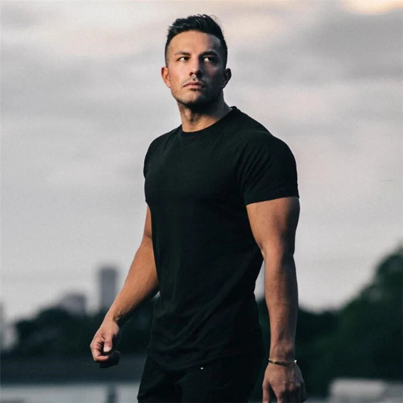 Gym T-shirt Men Short sleeve Cotton T-shirt Casual blank Slim t shirt Male Fitness Bodybuilding Workout Tee Tops Summer clothing - Sun Studio