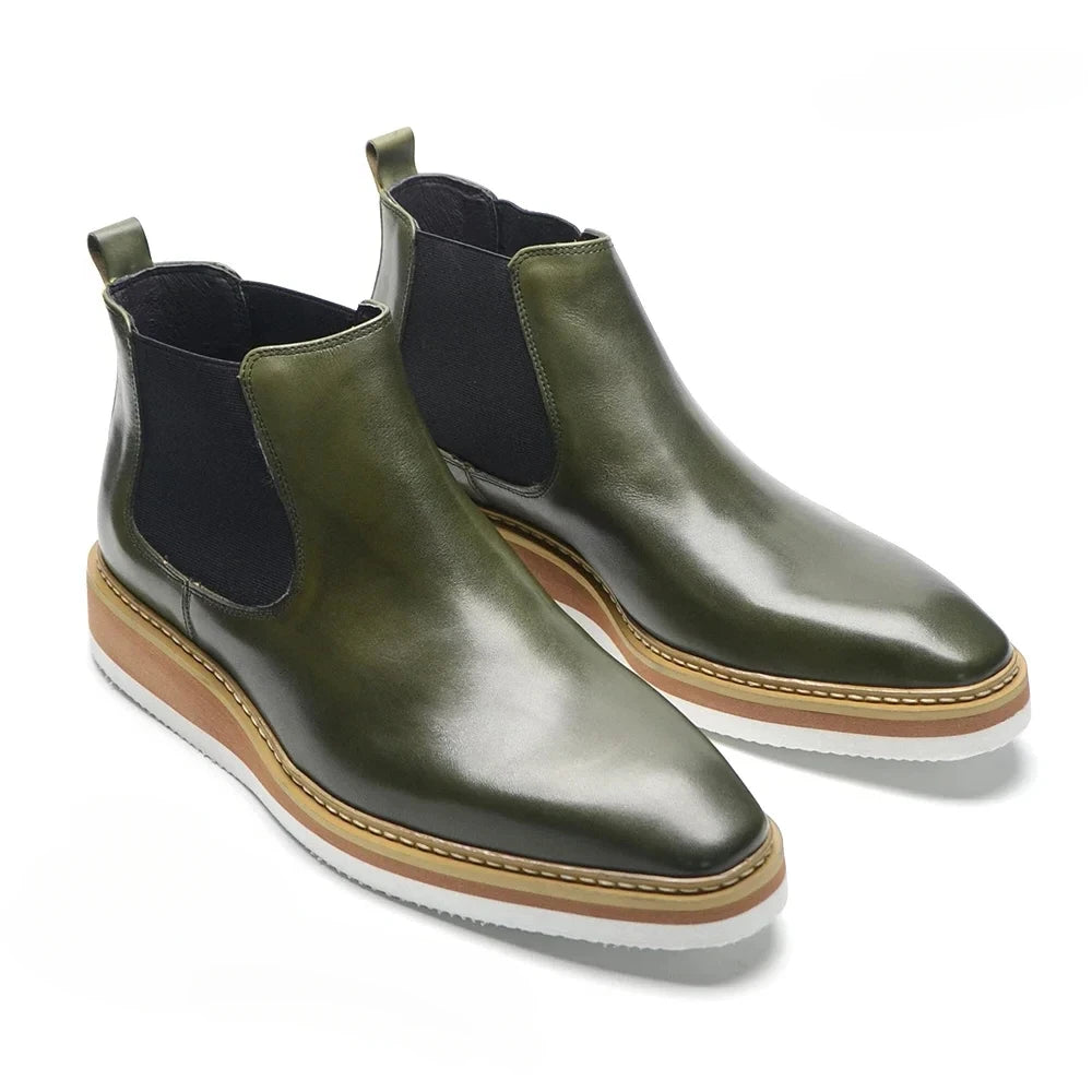 Britischer Stil Kuh Echtes Leder Herren Chelsea Stiefeletten Slip-On Elastisches Band Hohe Sneakers Freizeit Dress Boots für Männer