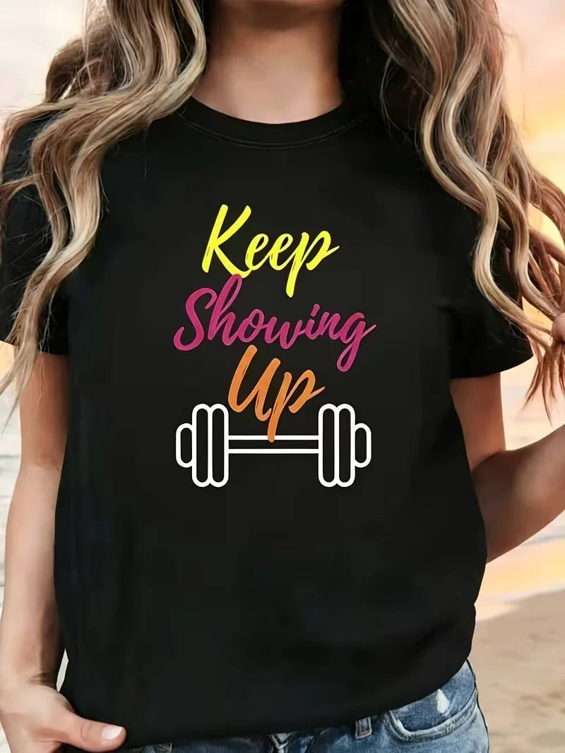 The Gym Is My Therapy Graphic T-Shirt Dumbbell Weightlifting Print Soft Casual Short Sleeve Women Daily Basic Top - Sun Studio