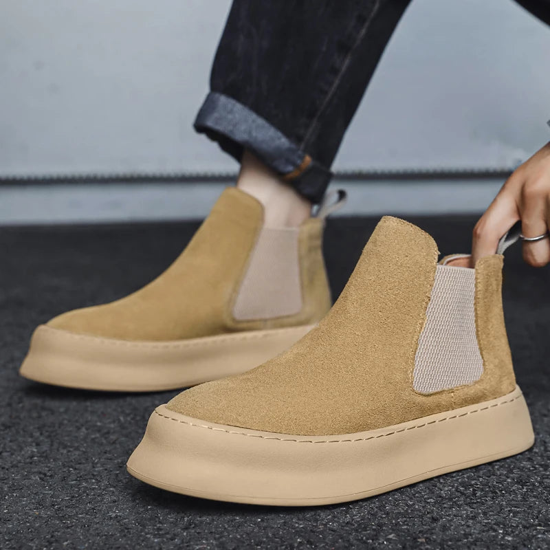 Fashion Brand Men Genuine Leather Mid Top Boots with British Style Autumn Winter Men Anti Slip and Wear-resistant Chelsea Boots - Sun Studio