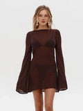Summer Seaside Women's Solid Knit Mini Dress 2026 Sexy Backless Bell Sleeve See Through Short Dress Beach Swimsuit Cover Up K98 - Sun Studio
