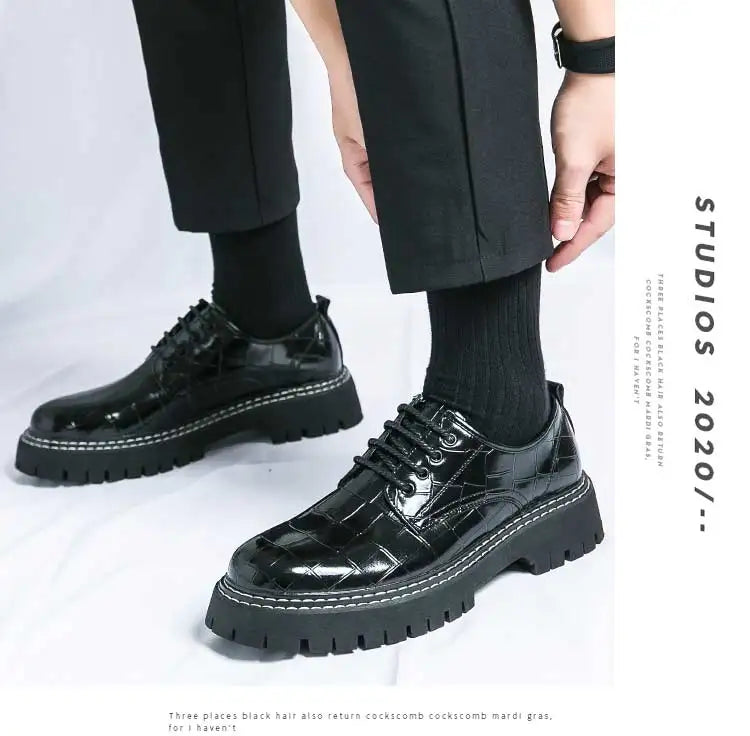 New Black Men Shoes Lace-up  Round Toe Stone Pattern Brown Gray Men Dress Shoes Size 38-46 - Sun Studio