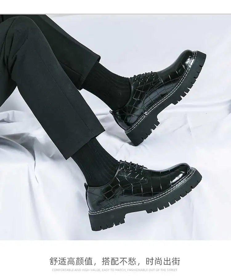 New Black Men Shoes Lace-up  Round Toe Stone Pattern Brown Gray Men Dress Shoes Size 38-46 - Sun Studio