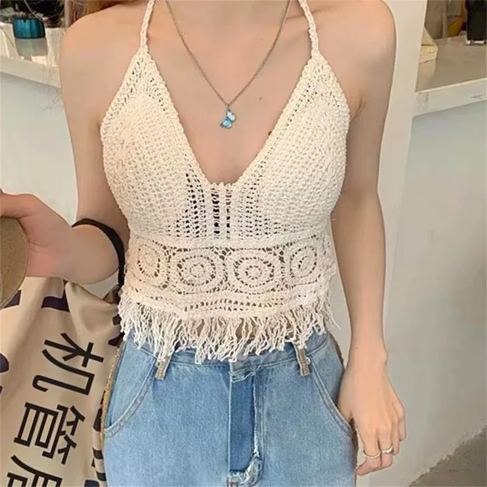 Sexy Boho Beach Holiday Camisole Halter Women Crochet Knit Swimsuit Bra Backless Vest Hollow Tassel Tank Top Women's Crop Tops - Sun Studio