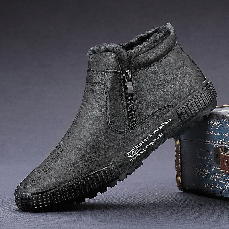 Man Winter Warm Leather Boots Warm Plush Inside High Tops Casual Shoes Slip on Keep Warm Thick Fur Men's Platform Ankle Boots - Sun Studio