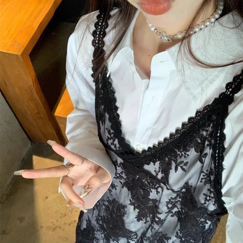Solid Dresses Women Summer Girls Embroidery Lace Designed Korean Style Layering Streetwear Prevalent Attractive Leisure Trendy - Sun Studio