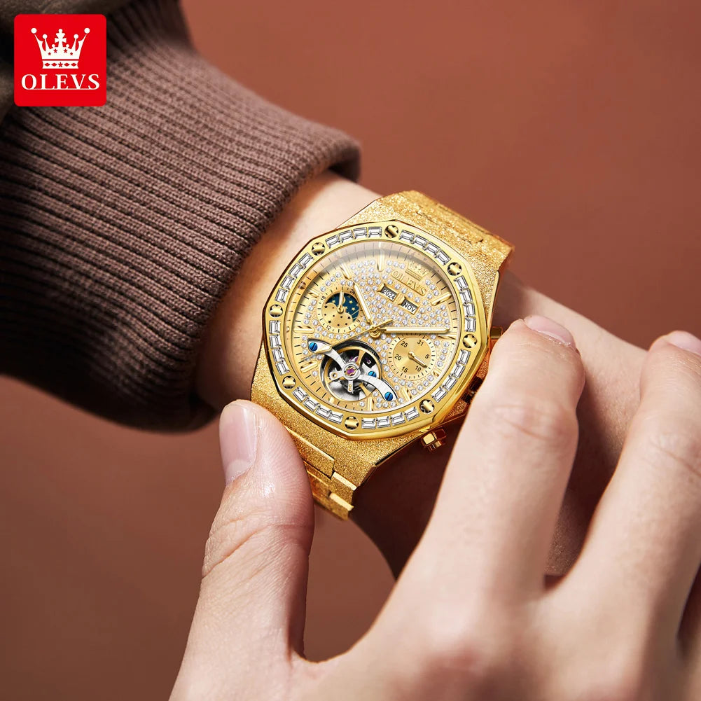 OLEVS Luxury Automatic Tourbillon Watch Men Fashion Gold Mechanical Watches Stainless Steel Waterproof Date Week Men's Watches - Sun Studio