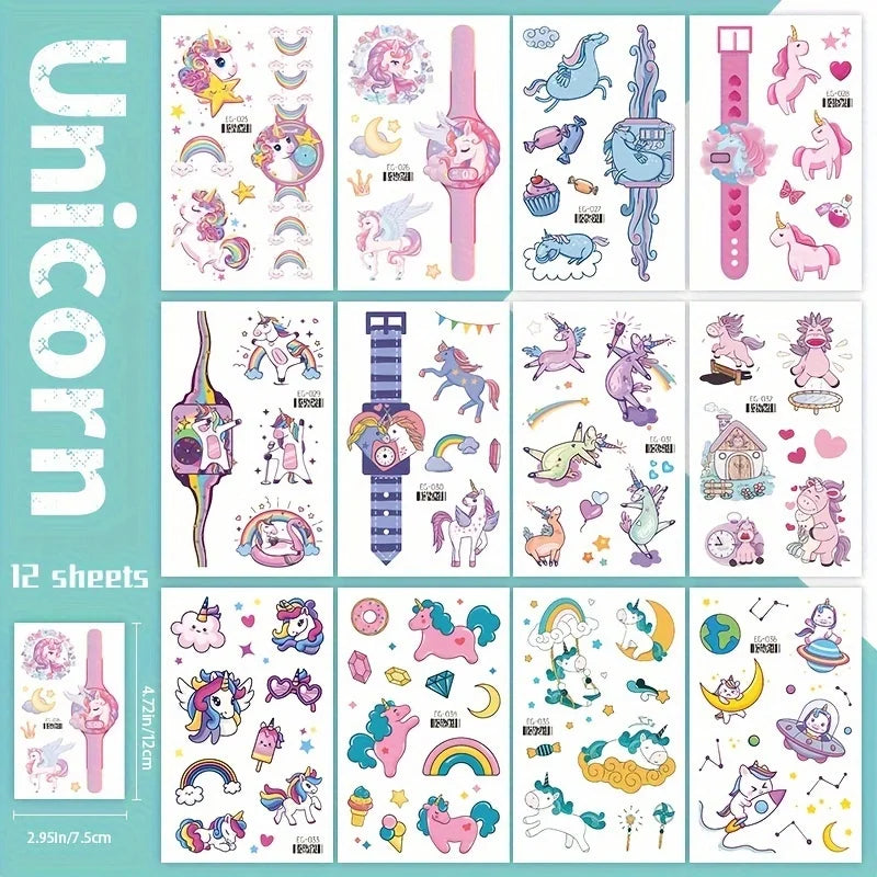 12 Sheets Glitter Mermaid Tattoo Stickers For Kids Cute Unicorn Temporary Tattoos Body Art Fake Tattoo Birthday Party Favors - Sun Studio
