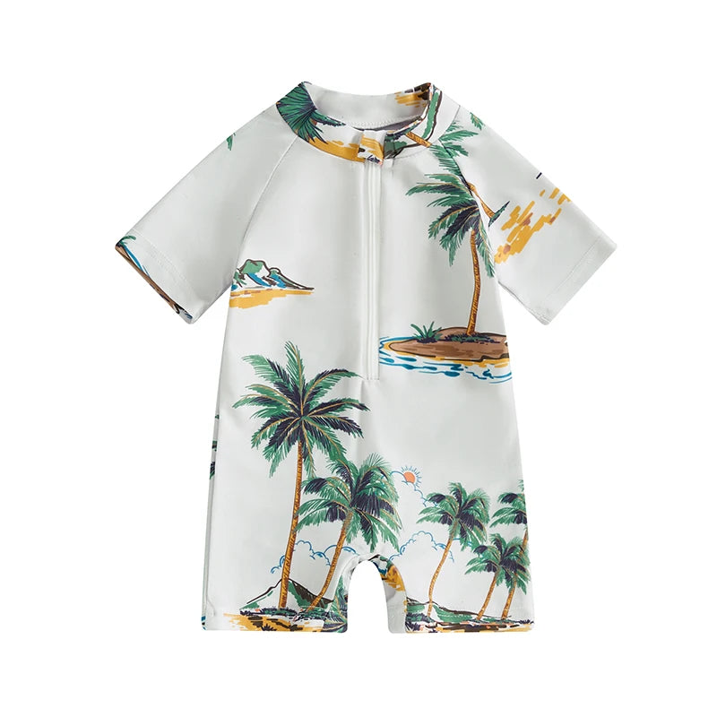 Summer Toddler Infant Baby Boys Girl Rash Guard Swimsuit Coconut Tree Print Short Sleeve Mock Neck Zip Bathing Suit - Sun Studio