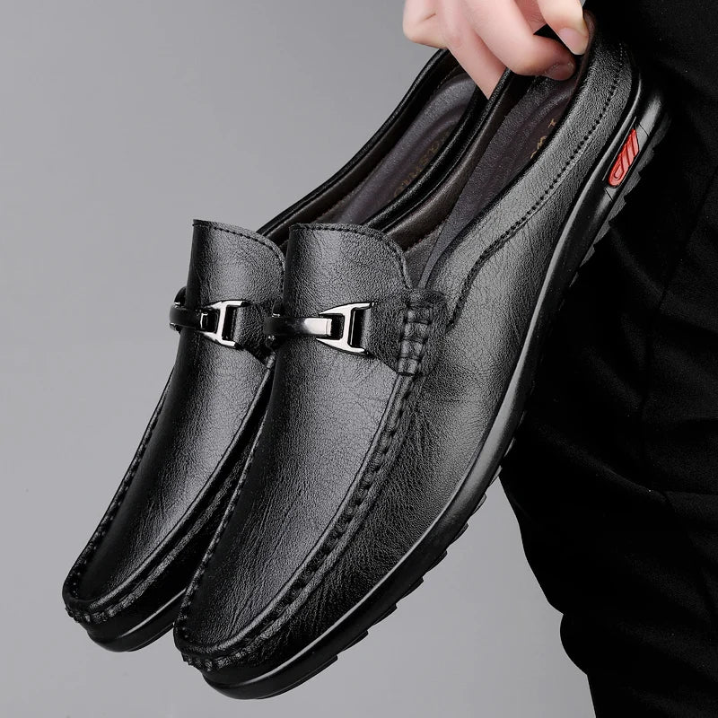Luxury Men Genuine Leather Shoes Casual Business Men Slip-on Shoe All-Match Half Slippers Loafers Summer Handmade Flats Slippers - Sun Studio