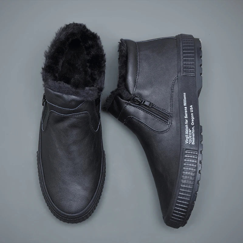 Man Winter Warm Leather Boots Warm Plush Inside High Tops Casual Shoes Slip on Keep Warm Thick Fur Men's Platform Ankle Boots - Sun Studio