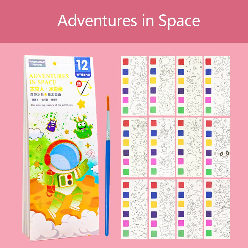 12 Sheets/set Watercolor Painting Book With Paint Brush Gouache Book Portable Kids Graffiti Picture Drawing Stationery - Sun Studio