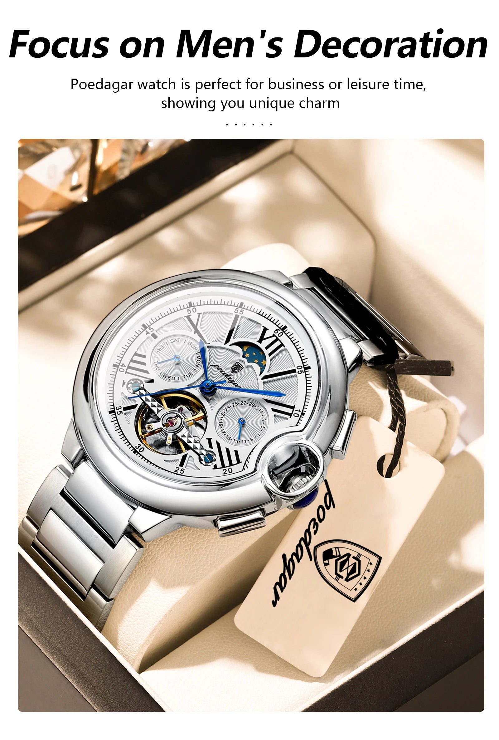 POEDAGAR Luxury Male Watch Business Date Week Stainless Steel Tourbillon Men Clock Waterproof Automatic Mechanical Men's Watches - Sun Studio