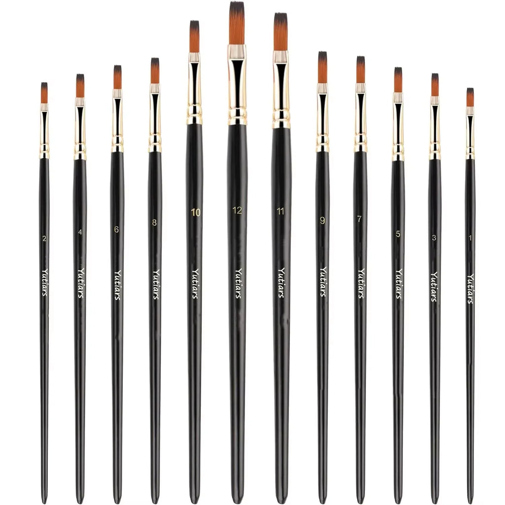 12pcs Flat Paint Brushes Set, Synthetic Nylon Bristles, Professional Artist Brushes for Oil, Acrylic, Watercolor Painting - Sun Studio