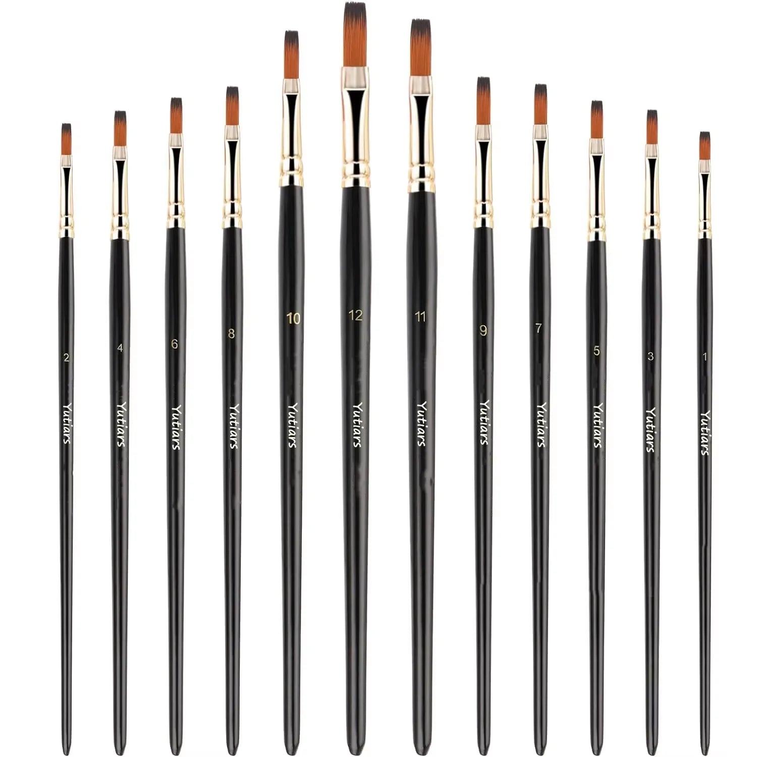 12pcs Flat Paint Brushes Set, Synthetic Nylon Bristles, Professional Artist Brushes for Oil, Acrylic, Watercolor Painting - Sun Studio