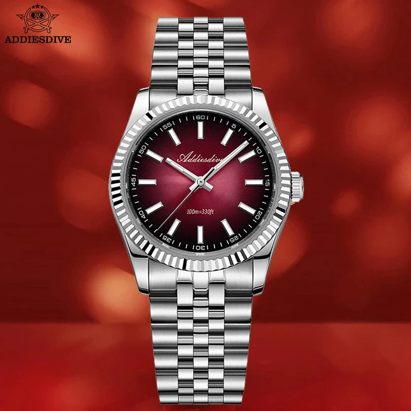 ADDIESDIVE AD2073 Men's Business Watch Sapphire Glass Stainless Steel Quartz Wristwatches Gradient Red Dial Watches Reloj Hombre - Sun Studio