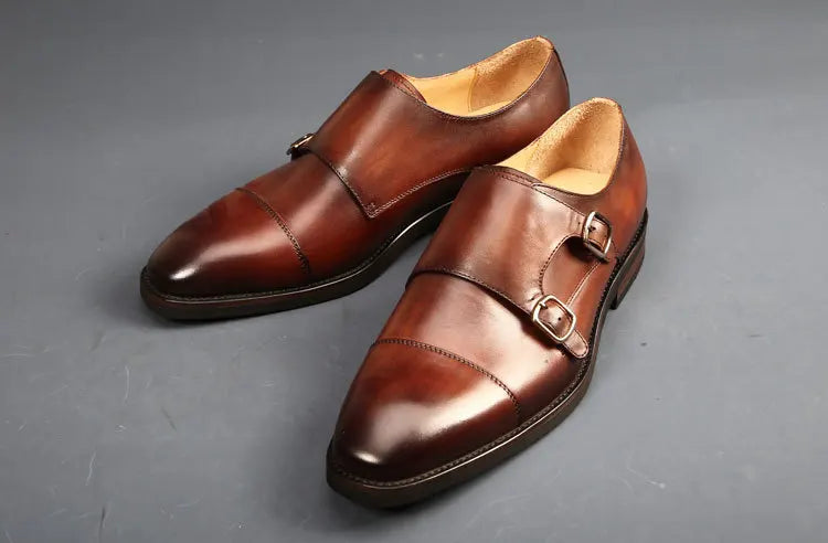 Brand Double Monk Strap Luxury Men Shoes Genuine Leather Handmade Fashion Designer Business Dress Shoes for Men Original - Sun Studio