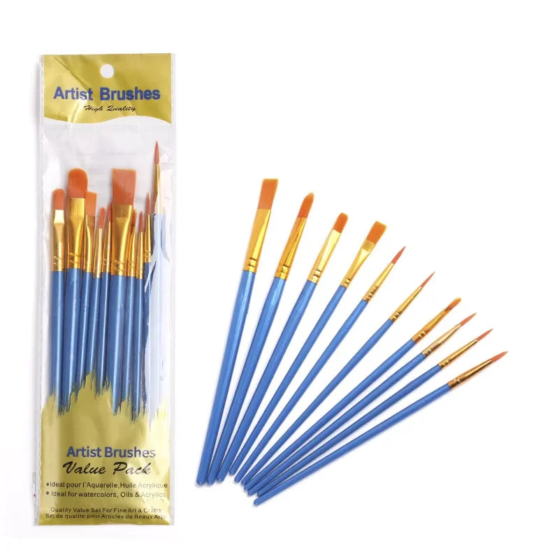 10-Piece Artist Paint Brush Set - Nylon Bristle Brushes for Watercolor/Acrylic/Oil Painting (Value Pack) - Sun Studio