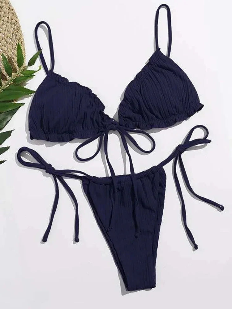 New 2025 Sexy Swimsuit Pit stripe Bikini Women Swimwear  Bathing Suits Push Up Biquinis Bandage Beachwear Solid Bikini Sets - Sun Studio