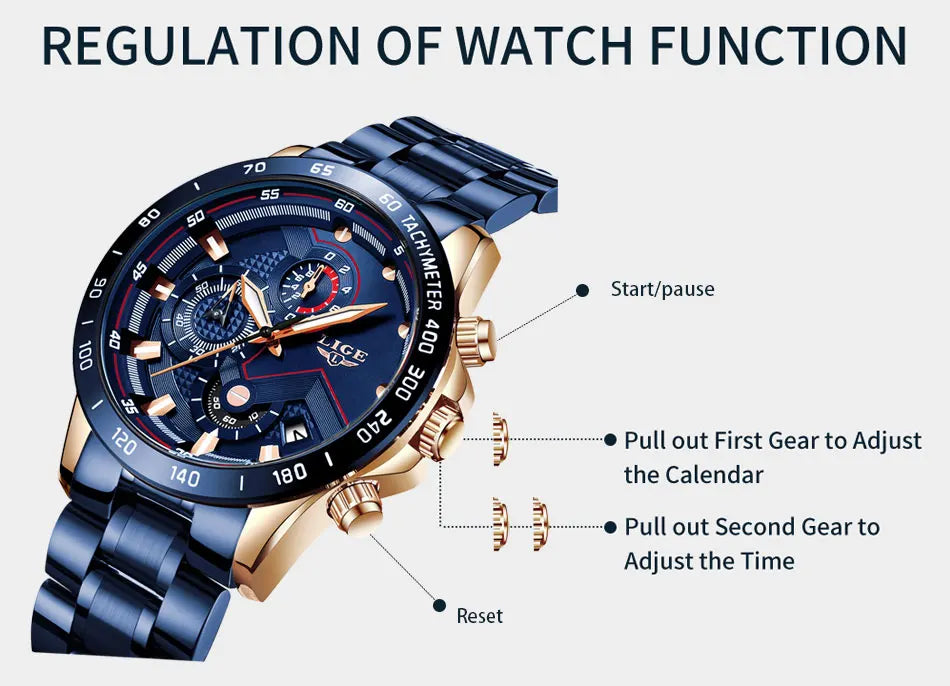LIGE Business Men Watch Luxury Brand Stainless Steel Wrist Watch Chronograph Army Military Quartz Watches Relogio Masculino+BOX - Sun Studio